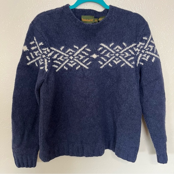 Timberland Navy Blue Lambs Wool Chunky Knit Long Sleeve Pullover Sweater Top - Picture 1 of 6